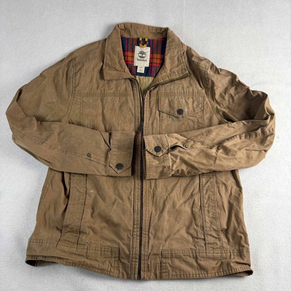 Timberland Mens Brown Canvas Field Jacket TB0A17FI‎ Plaid Lined Work Coat Size M